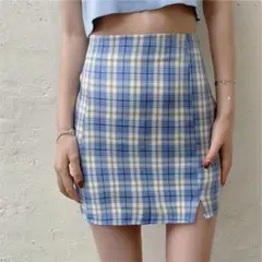 タイトスカート チェック柄 ストレッチ ブルー 青