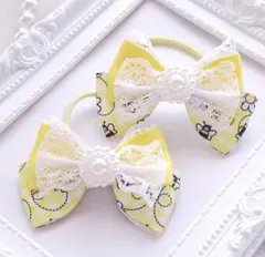 SALE(326) 春 ゆめかわリボン ヘアゴム♡ ハンドメイド レース 黄 白
