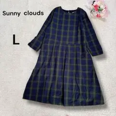 【サニークラウズ】リネン混　7分袖ブラックウォッチワンピース　ゆったり　ラフ　L