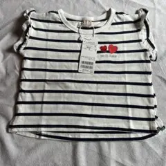 新品プティマインストライプ ハート刺繍 フリル袖 Tシャツ 100cm