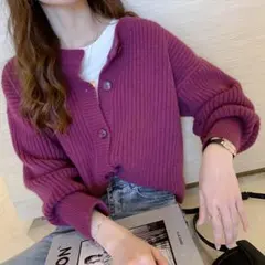 秋冬レディース長袖無地ニットボタンカーディガンセーター