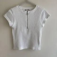 ZARA ザラ 半袖リブニット トップス ハーフジップ ホワイト M-Lのサムネイル