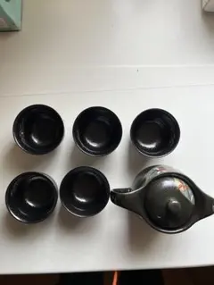 【未使用品】黒色花柄陶器茶器6点セット
