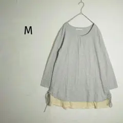 長袖チュニック　M　グレー系　裾フリル　リボン　レース　ラウンドネック　ゆったり