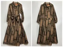 古布　綿着物リメイク　リボンベルト付きロール衿ワンピース　アシメントリースカート