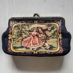 ゴブラン織 人物柄 がま口ポーチヴィンテージ 刺繍 マチあり 黒
