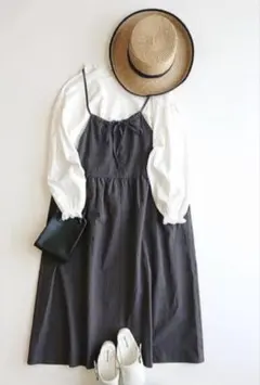 サマンサモスモス　リネン混キャミワンピース チャコール　後ろリボン