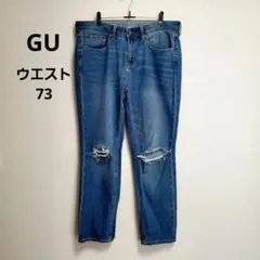 GU 大きいサイズ ウエスト73 デニム ジーンズ ダメージ加工 ブルーのサムネイル