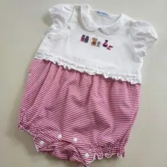 美品★2023SS★60cm familiar 白衿×ピンクボーダーロンパース