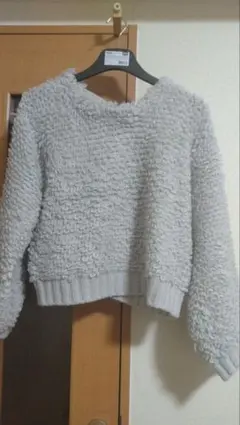 グレーニット 首元リボン 短丈