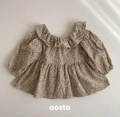 韓国子ども服/aosta 小花柄フリルトップス　長袖　（S）淡色　ナチュラル