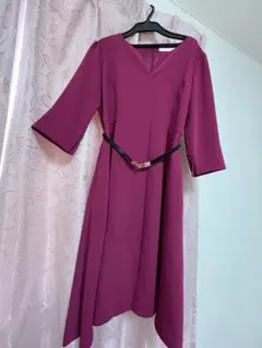 パープル Vネック 七分袖 ワンピース
