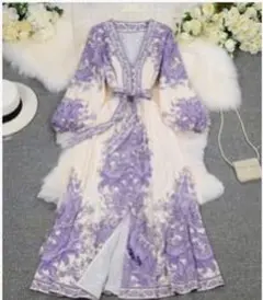 紫 ペイズリー柄エレガントワンピース 長袖 春、秋、冬大活躍