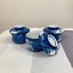 有田焼 昇龍窯 蓋付き小鉢　中鉢 3客セット 蓋物 花柄 青 ブルー 蒸し碗