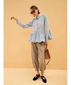 ミラオーウェン　シャツ衿バルーンヘムチュニック　ブルー　サイズ0