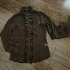 ブラウン フリル付きシースルー長袖シャツ