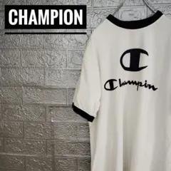 チャンピオンChampion刺繍タグ　ビッグロゴ古着トリムTシャツ白紺M 袖目