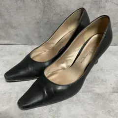 【銀座かねまつ】（22.5E）ポインテッドトゥパンプス ブラック レザー