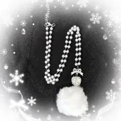 新品 ネックレス ホワイト ポンポン ファー y2k 冬リボン ハートパール地雷