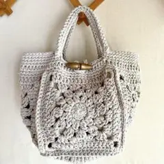 ハンドメイド｜麻ひもバック｜麻紐バック｜5面モチーフ編み フラワー