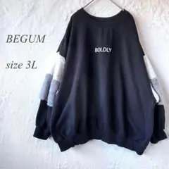 BEGUM トレーナー 3L 黒 ファー 大きめ ゆったり 丸首 976