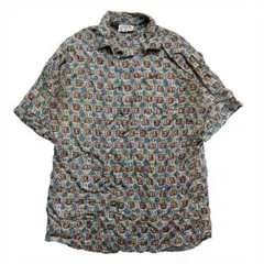 90s CAMBIO 極上シルク100% 総柄シャツ M 幾何学 レトロ 青