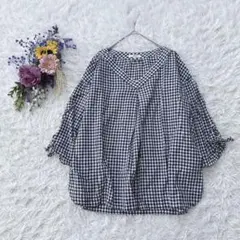 美品✻スタジオクリップ 綿麻 Vネック 七分袖シャツ プルオーバー 白黒チェック