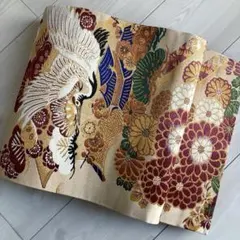 アンティーク丸帯　鶴・鷹　織り出し　大正ロマン　正絹　未使用しつけ糸付　N-25