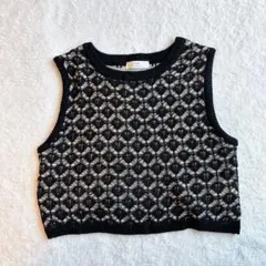 cepo 透かし編み　幾何学模様　ニット　ベスト　モノクロ　シャガード編み　M