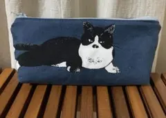 ハンドメイド ハチワレ猫ちゃん マチ付きポーチ ペンケース 小物入れ
