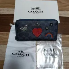 COACH 刺繍デザイン 長財布 ダークブルー