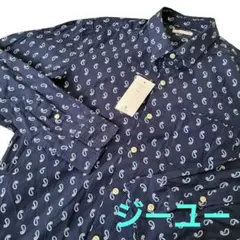 新品タグ付き ジーユー 長袖プリントシャツ ペイズリー 紺 S