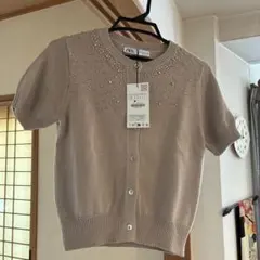 ZARA 半袖カーディガン ベージュ ビーズ付き綿100%・新品タグ付き 最終値