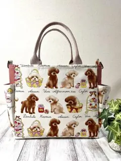 ハンドメイド トートバッグ ファスナーふた ＆サイドポケット付き トイプードル柄