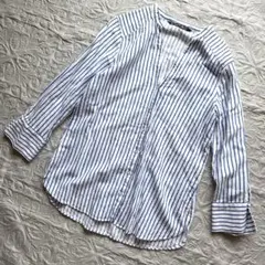 ZARA BASIC リネン混 ストライプ長袖シャツ　M