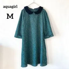 アクアガール　七分袖ワンピース　М　グリーン　総柄　膝丈　襟付き　404