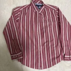 トミーヒルフィガー ストライプシャツ XL レッド ロゴ刺繍 オーバーサイズ古着
