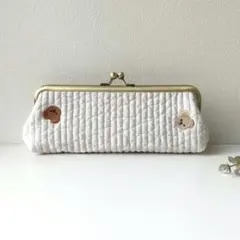 がま口ペンケース ヌビ刺繍 くま ベージュ ポーチ 北欧風 韓国風 マルチケース