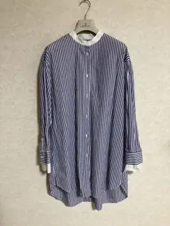 ✨美品 CLOCHEクロシェ ノーカラーストライプロングシャツ⭕️14日迄特別価格