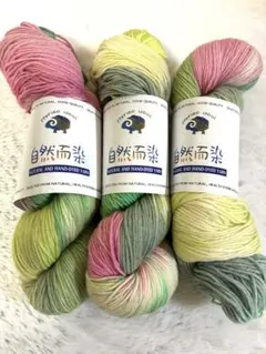 ソックヤーン 毛糸 3カセ 約300g 手染め 糸 ピンク 緑 ライトグリーン