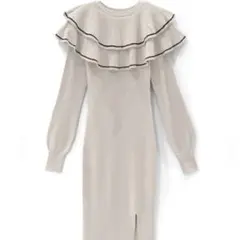 【未使用】GRL ラインダブルフリルスリットニットワンピース オフベージュ S