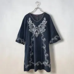 Amina アミナ エスニック柄 チュニック 七分袖 ネイビー インド製のサムネイル