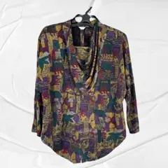 総柄シャツ ドレープネック とろみシャツ 昭和レトロ エキゾチック 変形ネック