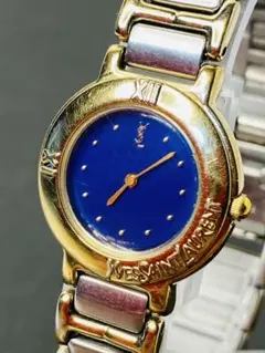 ✨良品・新品電池✨サンローラン 腕時計 クォーツ ラウンド コンビ 青