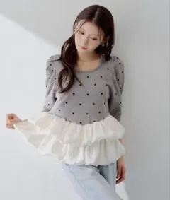 SALON by Chico 5分袖ドットバルーンペプラムパワショルニットのサムネイル