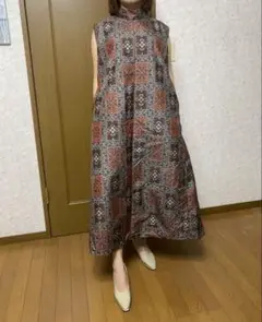 着物リメイクワンピース　大島紬モデル158cm 45キロ　M〜Lサイズ