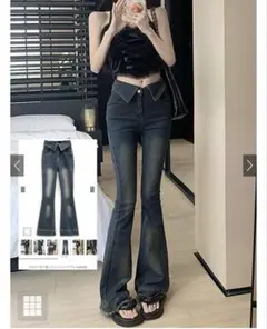 ウエスト折り返しフリンジフレアデニム[ks003]