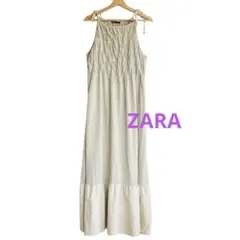 ZARA ロングワンピース ベージュ コットン100% シャーリング マキシ丈