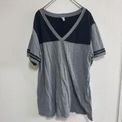 US古着 Vネック Tシャツ L グレー ブラック 配色切替 スポーティー 半袖
