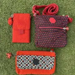 Kipling キプリング 赤系 3点セット 財布 ポーチ サコッシュ レア柄